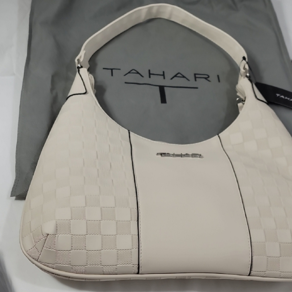 NWT Tahari Delta Hobo Checkered Shoulder Bag Bone Ivory Off White Cream 14"